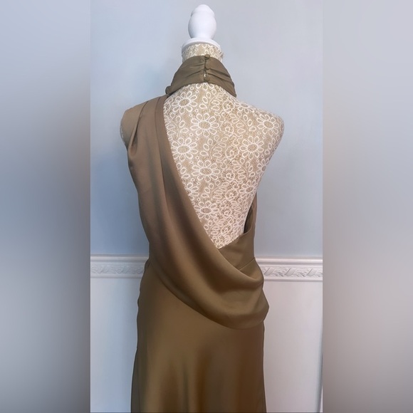 MISHA COLLECTION Robbia Satin High Neck Draped Midi Dress In Dusty Olive Size 4 - Picture 8 of 16